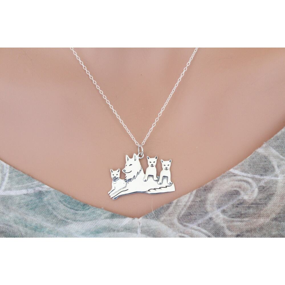 Sterling Silver Mama Wolf Pendant with Three Pups Necklace